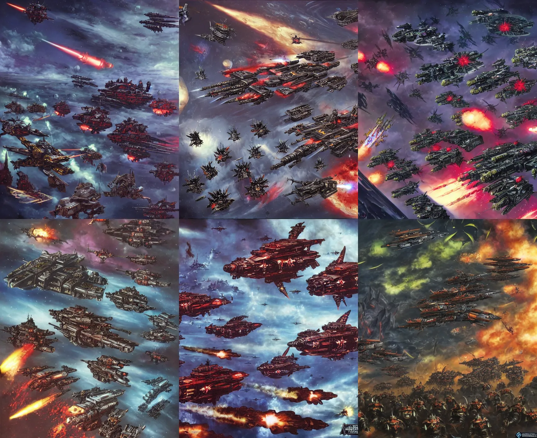 Prompt: warhammer 4 0 k, a fleet of ships from the imperium of man navy conducting an exterminatus on a xeno planet, art by pascal blanche and paul dainton