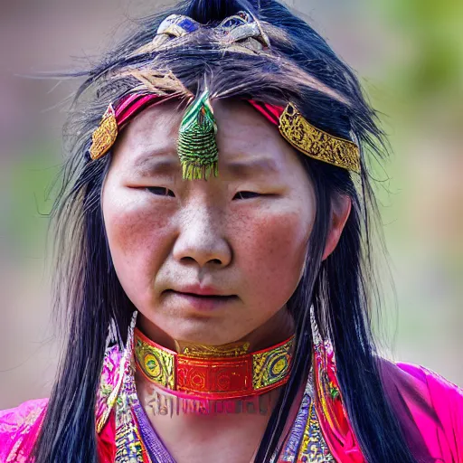 Image similar to A female ancient asian tribal princess, (EOS 5DS R, ISO100, f/8, 1/125, 84mm, postprocessed, crisp face, facial features)