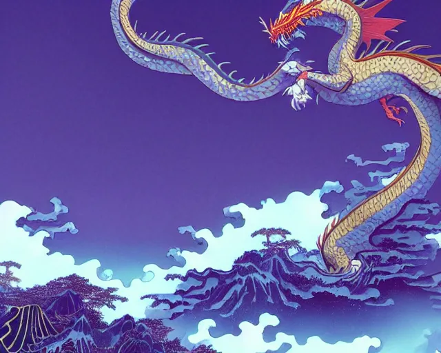 Prompt: very detailed, singular and gorgeous, powerfull dragon asian style, matte painting, vibrant color scheme, v - ray, houdini, blue, purple omnious sky, by hokusai, google, artstation. - h 1 2 8 0