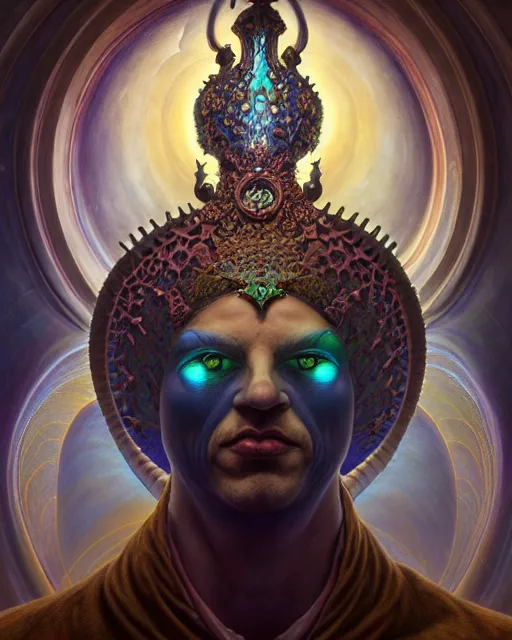 Image similar to front shot of a court jester character, hyperdimensional, bioluminescent, ((intricate)), elegant, highly detailed, centered, (((artstation, concept art, smooth, sharp focus, artgerm, Tomasz Alen Kopera, Peter Mohrbacher, donato giancola, Joseph Christian Leyendecker, WLOP, Boris Vallejo))), mugshot!!!!!, ugly!!!!!!, octane render, nvidia raytracing demo, grainy, muted