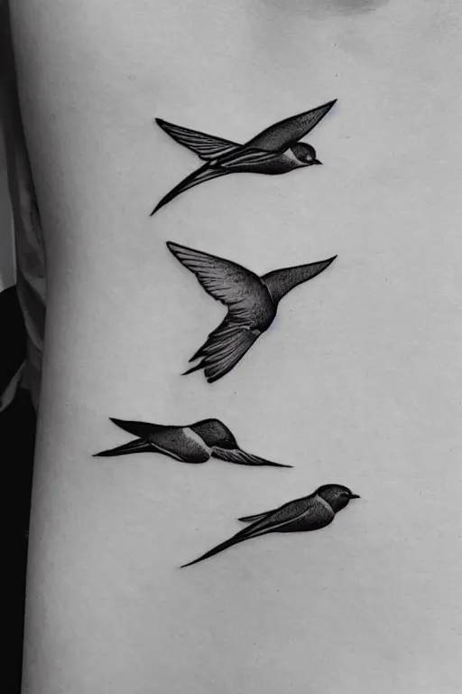 Image similar to a beautiful swallow tattoo design of minimalist swallows flying into spherical lines and simple basic shapes, black ink, abstract logo, line art