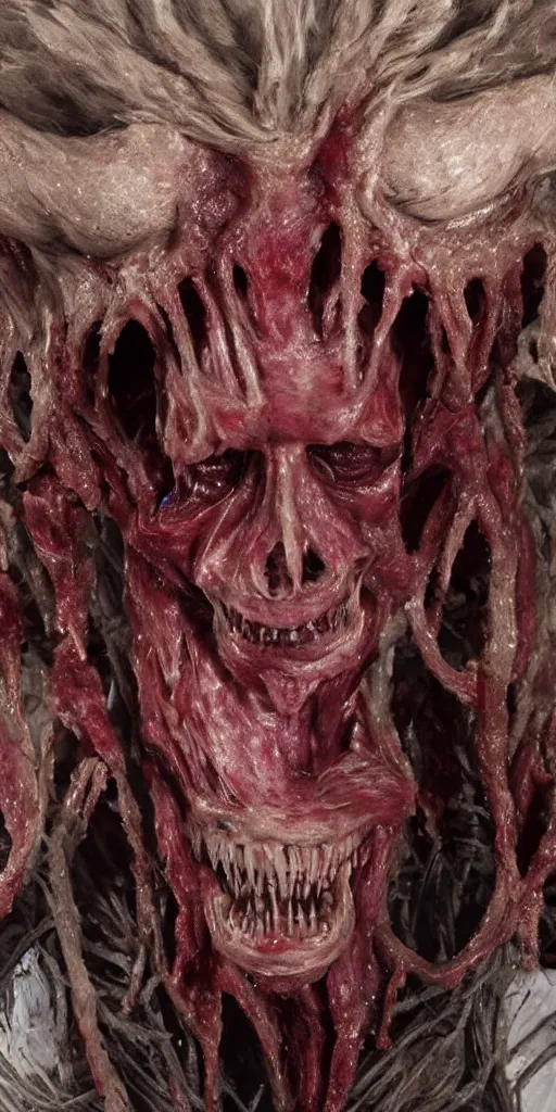 Image similar to smiling photorealistic ultra detailed humanoid creature made of decomposed bloody flesh and bones and fur, extremly detailed, 8 k, realistic, sharp focus, cosmic horror creature, cosmic horror, from the movie the thing, mysterious creature, bloody eyes, big eyes