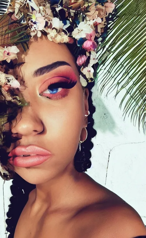 Image similar to doja cat summer beach sweat skin hot sunlight photoshoot photography eyelashes eyeliner eyebrows lips new song album body beautiful instagram tiktok dojacaat