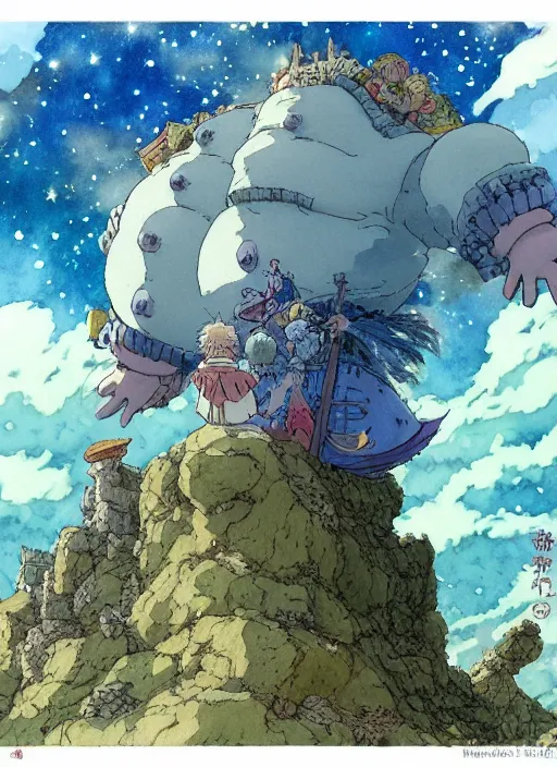 Image similar to hyperrealist studio ghibli watercolor fantasy concept art of a giant king kai from howl's moving castle sitting on stonehenge like a chair. it is a misty starry night. by rebecca guay, michael kaluta, charles vess