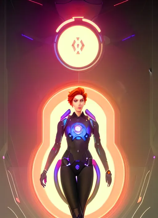 Prompt: symmetry portrait of moira from overwatch, sci - fi, tech wear, glowing lights intricate, elegant, highly detailed, digital painting, artstation, concept art, smooth, sharp focus, illustration, art by artgerm and greg rutkowski and alphonse mucha