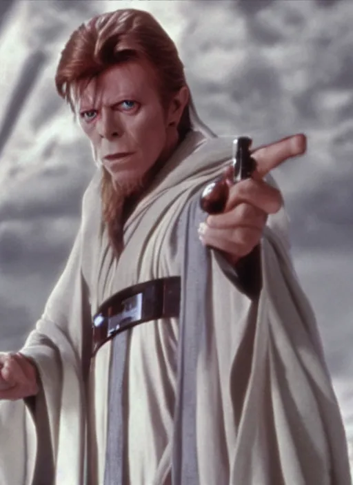 Prompt: david bowie as obi wan kenobi in star wars, movie frame, bluray