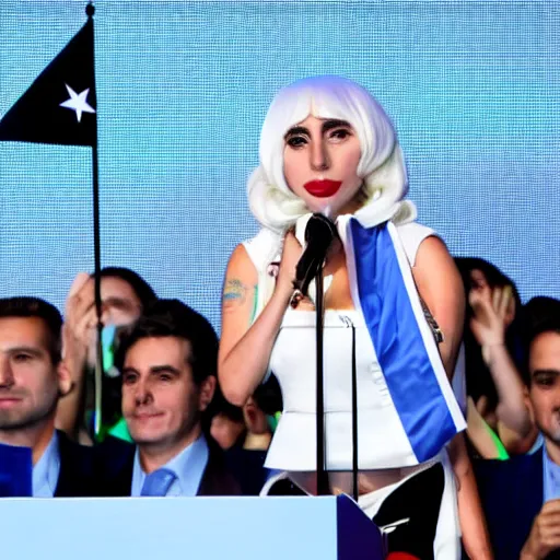 Image similar to Lady Gaga as president, Argentina presidential rally, Argentine flags behind, bokeh, giving a speech, detailed face, Argentina