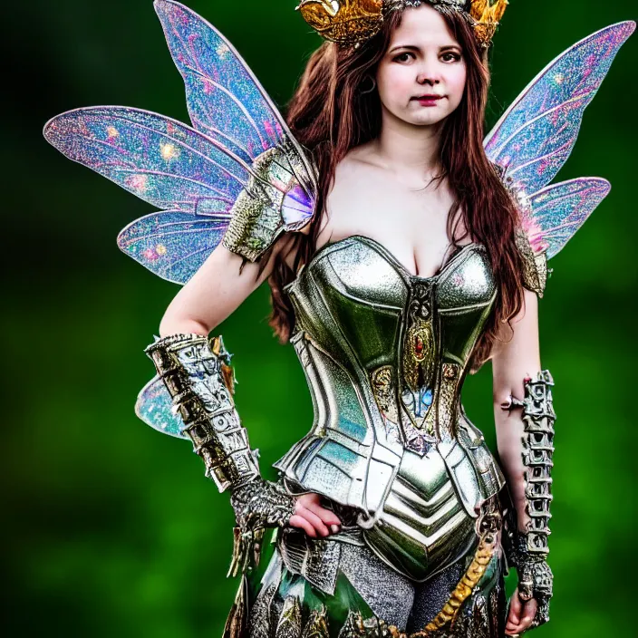 Image similar to full length photo of a very beautiful!! fairy queen with ornate sparkling armour, highly detailed, 4 k, hdr, smooth, sharp focus, high resolution, award - winning photo
