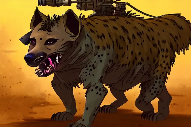 Image similar to a good ol'hyena fursona ( from the furry fandom ), heavily armed and armored facing down armageddon in a dark and gritty version from the makers of mad max : fury road. witness me.