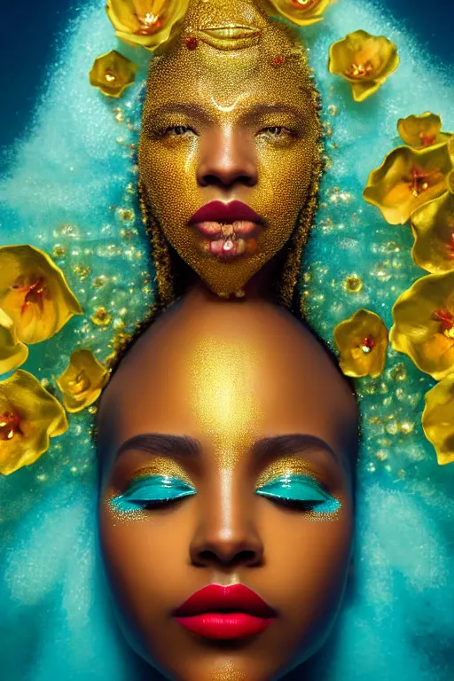 Prompt: hyperrealistic post - symbolist cinematic very beautiful! oshun goddess with white eyes, yoruba body paint, chrome dripping droplet lips, gold flowers, highly detailed digital art masterpiece, smooth etienne sandorfi eric zener dramatic pearlescent soft teal light, ground angle uhd 8 k, sharp focus