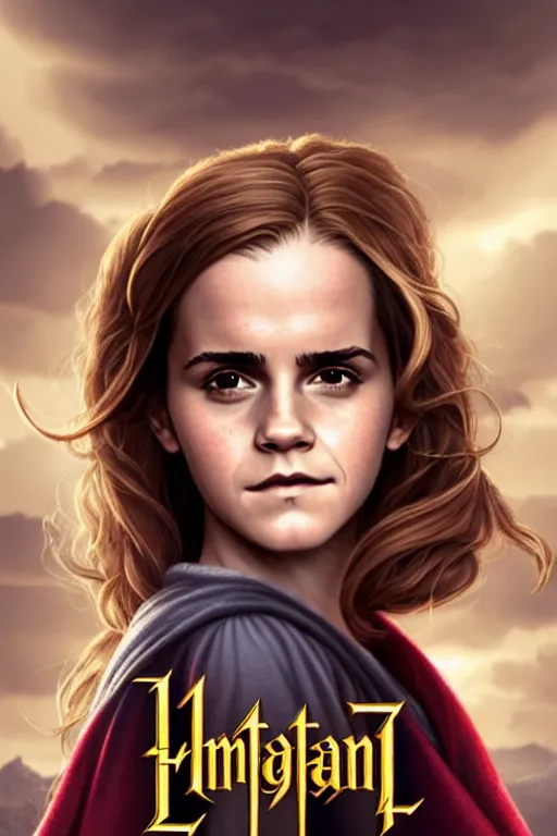 Image similar to Poster artwork, Emma Watson as Hermione Granger, wearing hogwarts!!! robes!!!, magnificent, close up, details, sharp focus, elegant, highly detailed, illustration, by Jordan Grimmer and greg rutkowski and PiNe(パイネ) and 薯子Imoko and 香川悠作 and wlop!!!! and maya takamura, intricate, beautiful, sunset!!!, Trending artstation, pixiv, digital Art