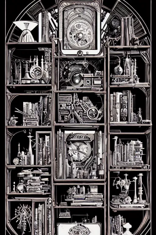 Image similar to a majestic steampunk alchemists bookshelf, two point perspective, furniture, high details, bold line art, by vincent di fate and joe fenton, inking, etching, screen print, masterpiece, trending on artstation, sharp, high contrast, hyper - detailed,, hd, 4 k, 8 k