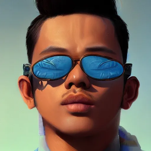 Prompt: very detailed masterpiece closeup painting of a very handsome young indonesian with small mustache cyberpunk man with light blue shutter shades, one side haircut, brown hair with light blue ends, purple leather jacket, beauty mark on cheek, portrait, synthwave background, artstation, concept art by greg rutkowski