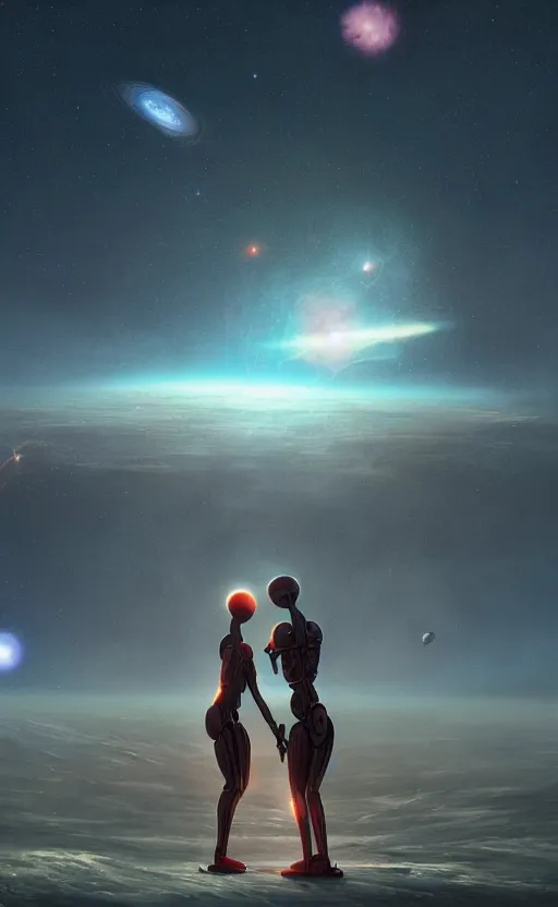 Image similar to digital painting of two humanoid robots hugging each other, supernova in the background, cosmic and stars and planets and galaxy, stunning, surreal, cinematic lighting, concept art by greg rutkowski and simon stalenhag