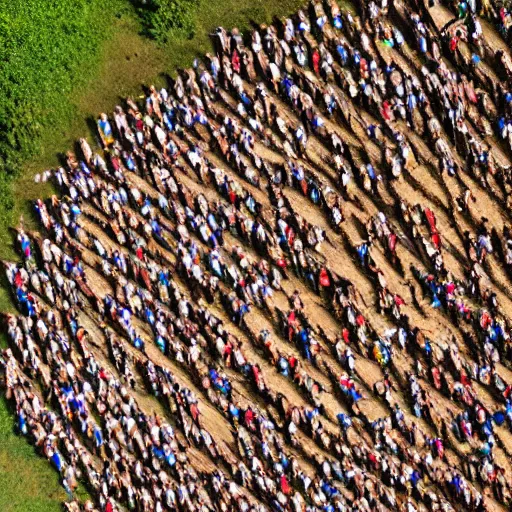 Image similar to aerial hd photograph of a uncontacted crowd of scantly clad african congo tribe looking into camera