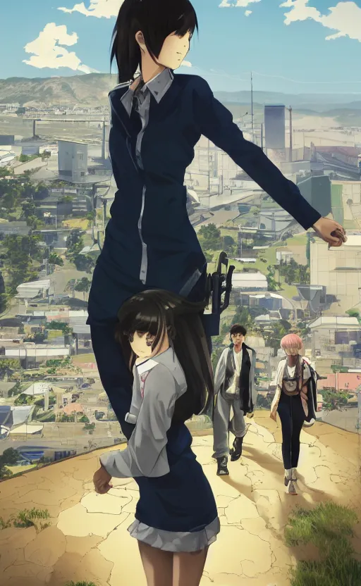 Image similar to anime style, gta 5, panoramic view of girl, searchlights in background, soldier clothing, short hair, hair down, symmetrical facial features, from arknights, hyper realistic, navy flags, extreme detail, detailed drawing, trending artstation, hd, blue eyes, realistic lighting, by alphonse mucha, greg rutkowski, sharp focus, backlit