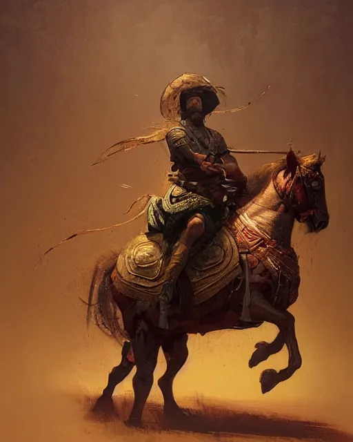 Image similar to a highly detailed epic cinematic concept art CG render digital painting artwork: Tatar traditional hero with a laptop on a horse. By Greg Rutkowski, in the style of Francis Bacon and Syd Mead and Norman Rockwell and Beksinski, open ceiling, highly detailed, painted by Francis Bacon and Edward Hopper, painted by James Gilleard, surrealism, airbrush, Ilya Kuvshinov, WLOP, Stanley Artgerm, very coherent, triadic color scheme, art by Takato Yamamoto and James Jean