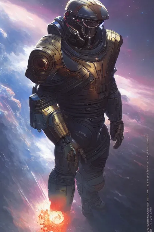 Image similar to emmanuel macron in space armor, realistic, high definition, 4 k, shimmering color, hyper detailed, art of greg rutkowski and magali villeneuve and artgerm