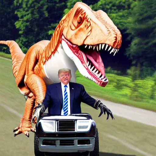 Image similar to Real professional photograph of Donald Trump riding a T-Rex