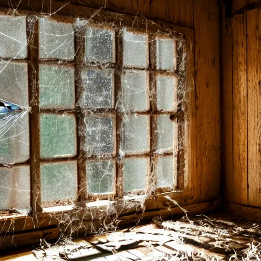 Image similar to a film production still, 2 8 mm, wide shot of a cabin interior, wooden furniture, cobwebs, spiderwebs, dynamic volumetric lighting, abandoned, depth of field, cinematic