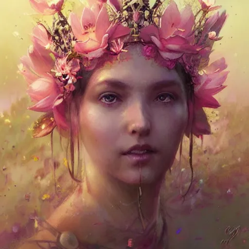 Image similar to Lotus floral crown girl, pink Lotus queen, epic fantasy style art by Craig Mullins, fantasy epic digital art, epic fantasy art by Greg Rutkowski