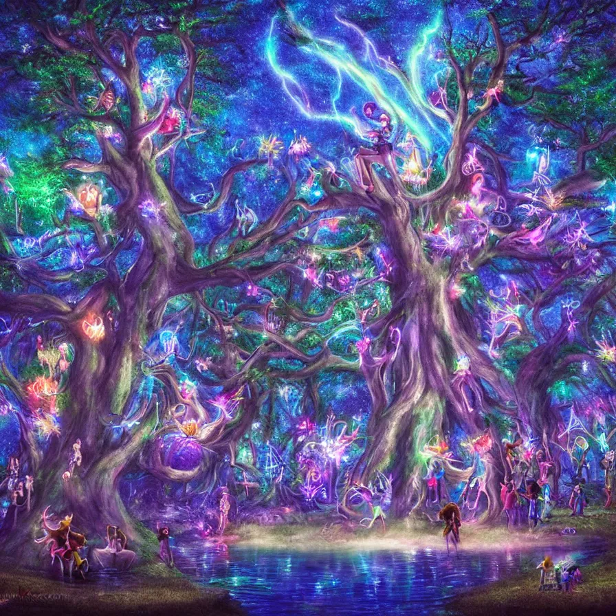 Image similar to a night carnival fairies around a magical tree next to a lake with iridiscent water, christmas lights, volumetric lightning, creatures and fantastic people disguised as fantastic creatures in a magical forest by summer night, masterpieceunderwater scene, masterpiece painted by kelton nelson, scene by night