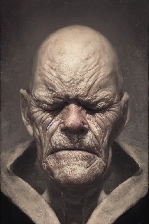 Prompt: Hyper realistic portrait of a old man with melting face, Dark Studio Lighting, fog, by Emil Melmoth, Trending on Artstation, 8k