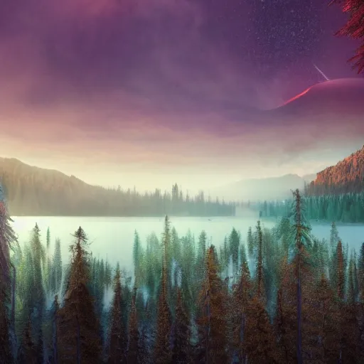 Prompt: epic crystalline forest with a lake, golden hour, misty ground, rocky ground, distant mountains, atmospheric perspective, altostratus clouds, planets, cinematic, 35mm lens, anamorphic lens flare, photographic, octane render, cinematography by roger deakins, in the style of ansel adams