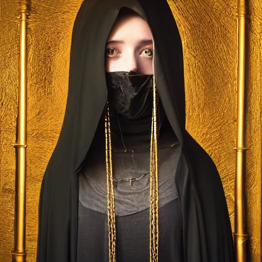 Image similar to a portrait of a young woman wearing a long dark cloak, hood and shadows covering face, holding golden chains, oil painting, matte painting, black background, Volumetric Golden dappled dynamic lighting, Highly Detailed, Cinematic Lighting, Unreal Engine, 8k, HD, by Beksinski