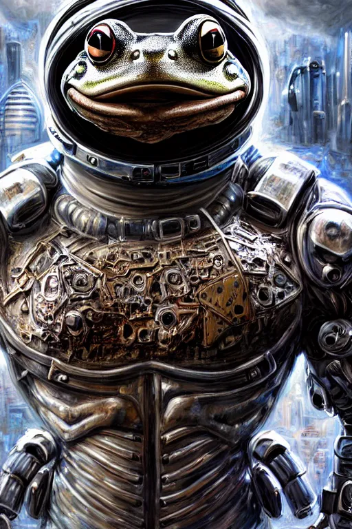 Image similar to a portrait of a muscular anthropomorphic cyberpunk frog in spacesuit armor with ensignia on chest plate by sandra chevrier, by jon foster, detailed render, post - processing, extremely hyperdetailed, intricate, epic composition, cybernetics, 4 k realistic, cryengine, realistic shaded lighting, sharp focus, masterpiece, by enki bilal