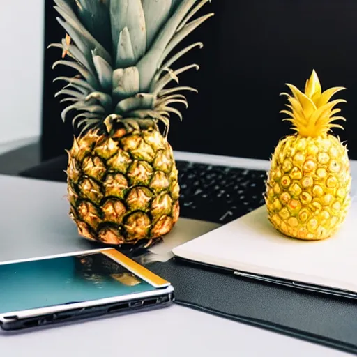 Image similar to photo of an apple - pen and a pineapple - pen, on a writing - desk.