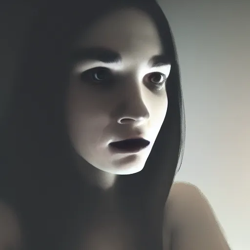 Prompt: selfie!!!!! of a woman in a dark room, spooky filter applied!!!!, grim and gloomy atmosphere, trending on artstation, 4 k, 8 k