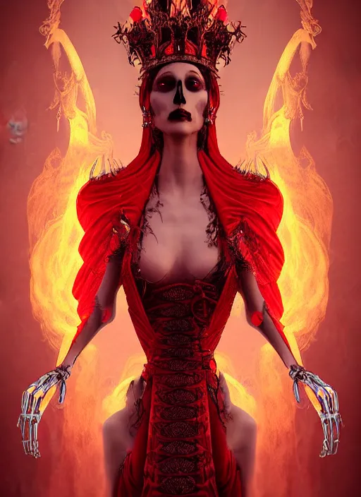 Image similar to a beautiful detailed 3 d matte painting, variations around female, queen, necromancer, symmetrical features, vertical portrait, skeleton, whirling smoke, embers, red adornements, red torn fabric