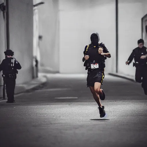Prompt: a thief running from the cops, professional photography