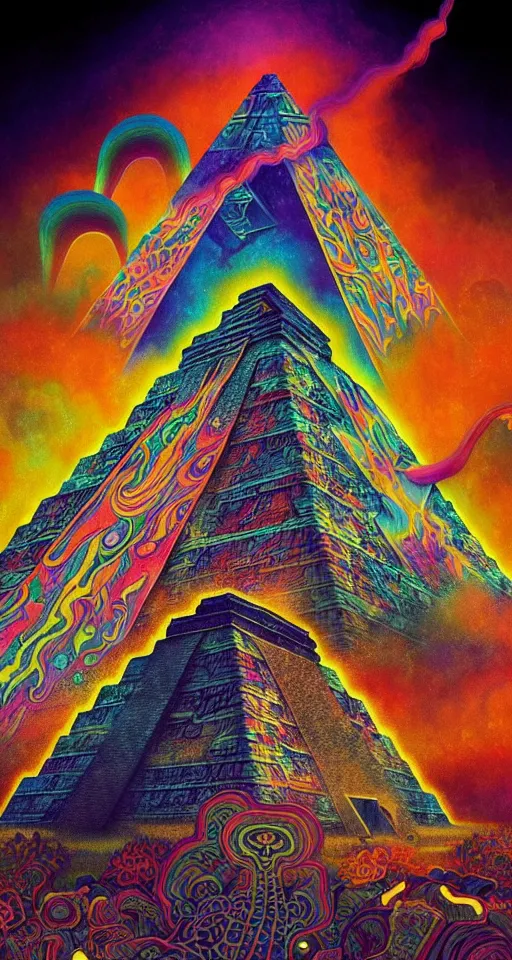 Prompt: An extremely psychedelic abstract illustration of mayan pyramid beaming celestial light, colorful, surreal, dramatic lighting, magic mushrooms, psilocybin, LSD, detailed, intricate, elegant, highly detailed, digital painting, artstation, concept art, smooth, sharp focus, illustration, art by Krenz Cushart and Artem Demura and alphonse mucha