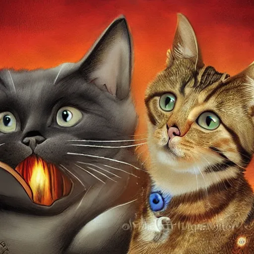 Image similar to war between cats and dogs, epic, digital, art, fire, smoke, suspense