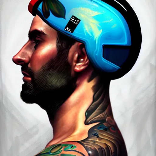 Image similar to a profile photo of a man with underwater helmet with tattoos on arm and neck, side profile in underwater, highly detailed, digital painting, artstation, illustration by Sandra Chevrier