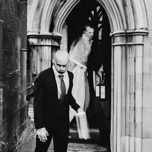 Prompt: a photography of a man in a suit barging into a church to interrupting a wedding