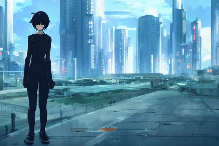 Image similar to makoto shinkai. robotic android girl. futuristic cyberpunk dystopia.