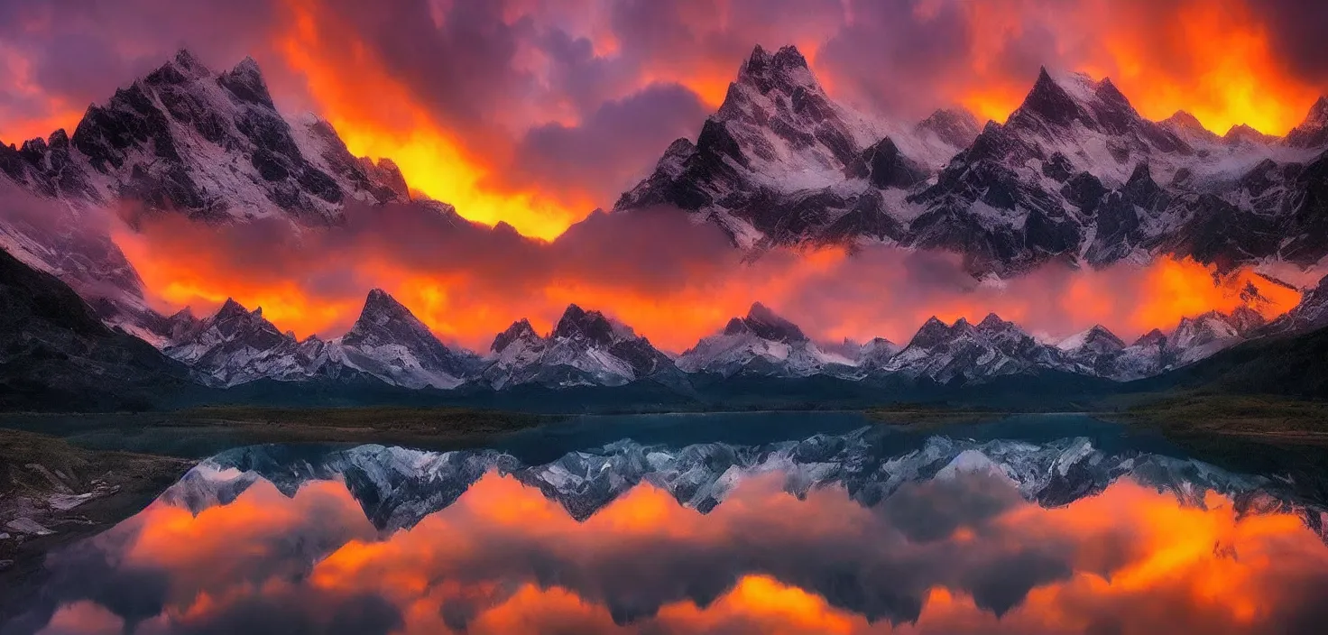 Image similar to amazing landscape photo of mountains with lake in sunset by marc adamus, beautiful dramatic lighting