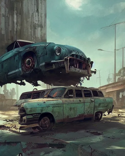 Image similar to fallout 5, tropical coastal city, desolate, dilapidated, abandoned retro futuristic vintage car and truck, buses, illustration, perfectly shaded, oft painting, art by krenz cushart and wenjun lin