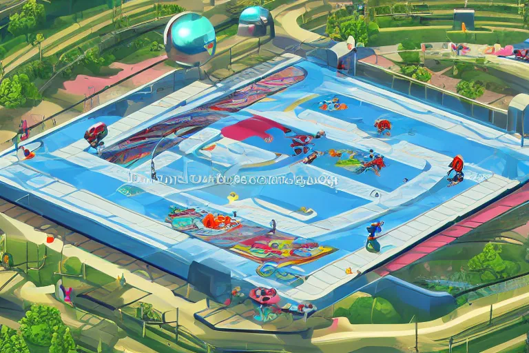 Image similar to isometric view of a futuristic high - tech sky arena inspired by modern skate parks and modern chinese playgrounds in the style of mario 3 d world, day