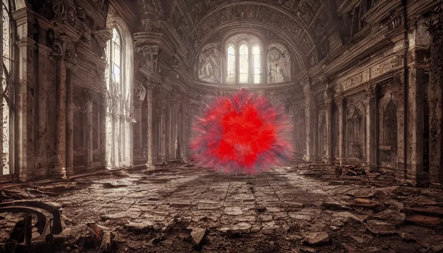 Prompt: astaroth manifests in an abandoned church at the vatican, 8 k, soft lighting, hdr, octane render, hr giger cinematic, red fluid on walls of the church, smoke, yasushi nirasawa style photorealistic, bokeh