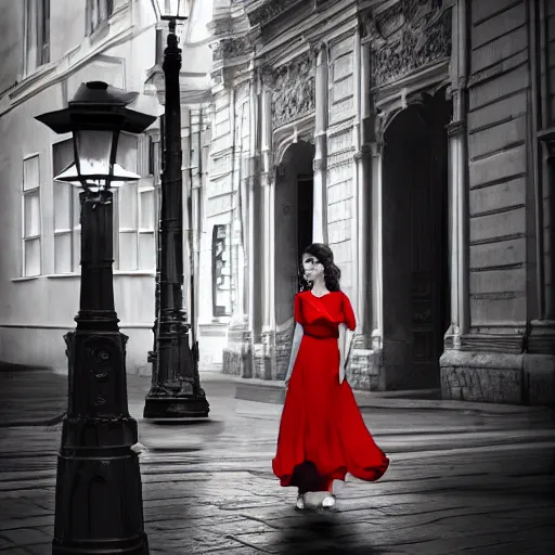 Prompt: beautiful woman in a coffee dress standing under the circle of light of lamp post, grayscale phtoto with red dress, high resolution, 8k resolution, highly detailed, attention to details, realism, photo-realism, photo by marco glaviano, 35mm