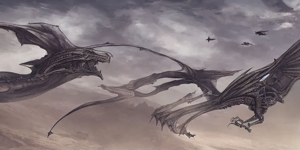 Image similar to giger wyvern flying over desert city, in style of federico pelat greg rutkowski