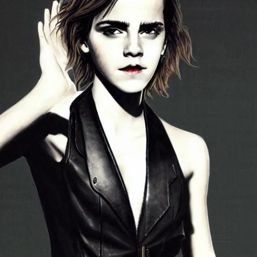 Prompt: Emma Watson in a black leather suit by Yoji Shinkawa