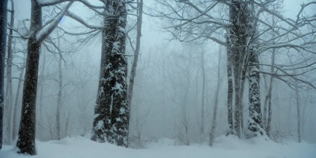 Image similar to photo, bigfoot is hiding in the background, barely able to be seen. cold color temperature, snow storm. hazy atmosphere. humidity haze. kodak ektachrome, greenish expired film, award winning, low contrast