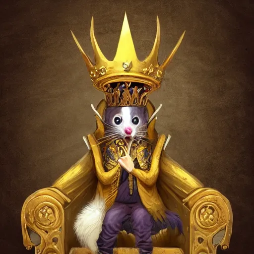 Image similar to a sewer rat wearing a golden crown, on a throne's seat, prize winning, trending on artstation, fantasy illustration, warm tones, comedic, digital art