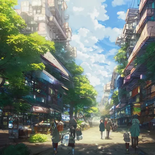 Prompt: city shopping district mixed with a magical forest, anime, by makoto shinkai, highly detailed, artstation, outside