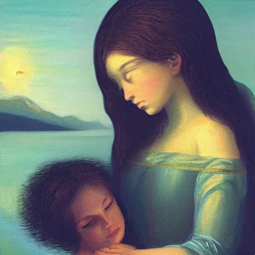 Prompt: A 6-eyed Angel lulling a child to sleep in the middle of a lake at night, oil painting